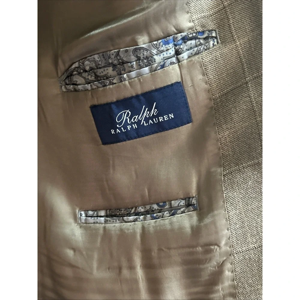 Ralph Lauren Sport Coat Mens 46R‎ Silk Wool Blazer Gold Brown Plaid Excellent
